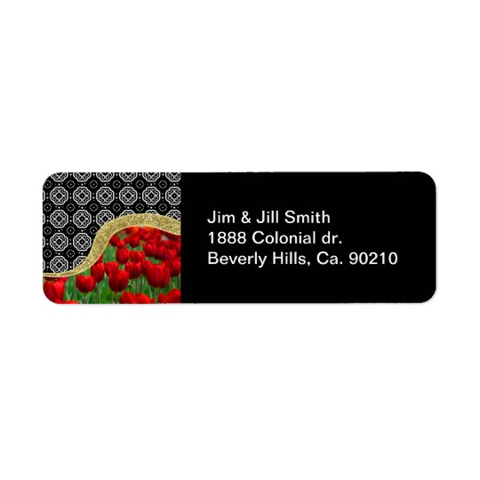Red Tulips Gold Glitter BW Decorative Pattern Label