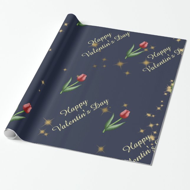 Red Tulips & Gold Stars Gorgeous  Wrapping Paper (Unrolled)