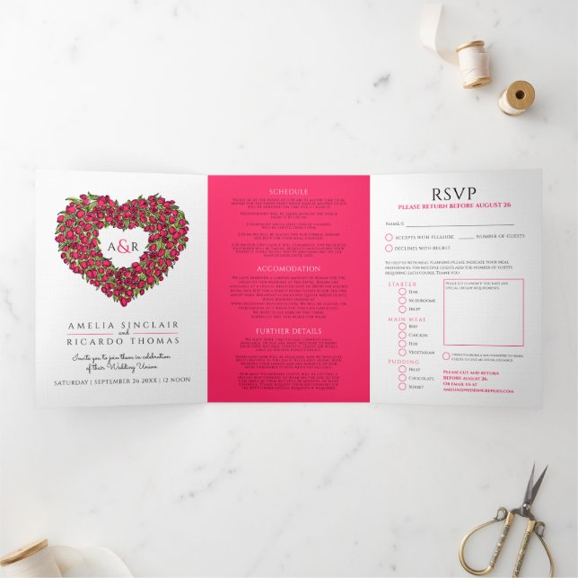 Red tulips heart art monogram wedding all-in-one Tri-Fold invitation (Inside)