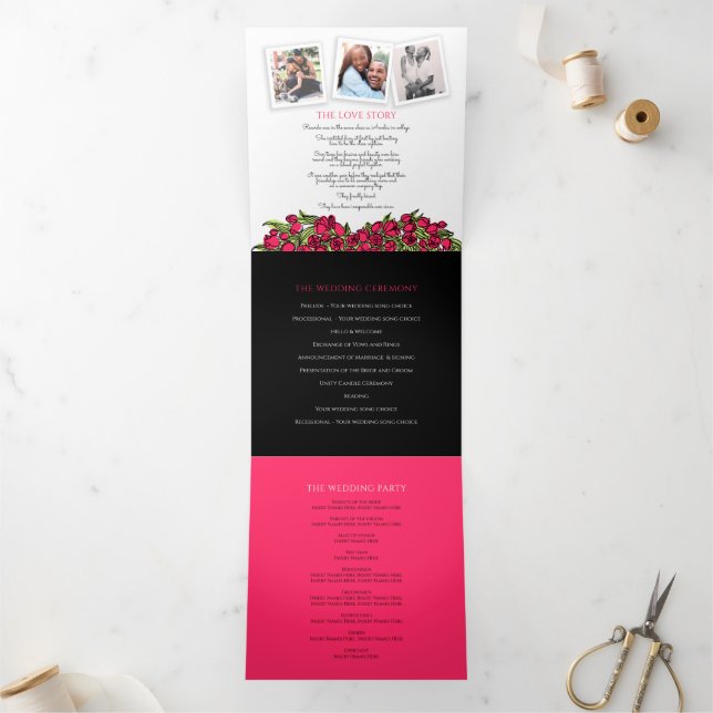 Red tulips heart art story dedication wedding  Tri-Fold program (Inside)