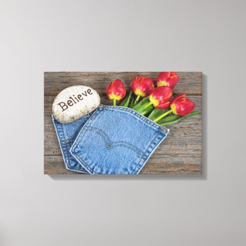 red tulips in blue jean pocket canvas print