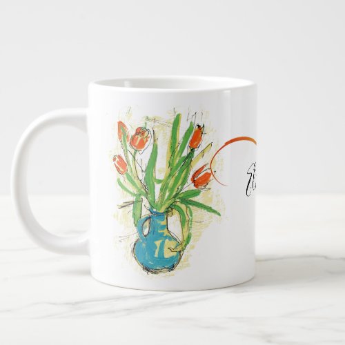 Red Tulips in Blue Vase Spring Floral Monogrammed Giant Coffee Mug
