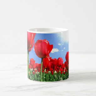Red tulips in springtime coffee mug