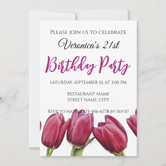 Red tulips on a blue background invitation (Front)