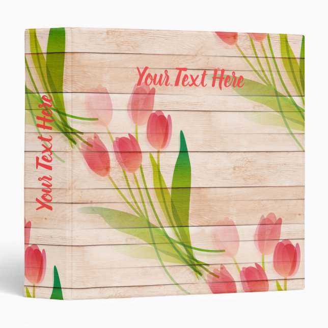 Red Tulips on Clean Wood Background 3 Ring Binder (Front/Spine)