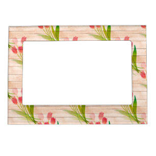 Red Tulips on Clean Wood Background Magnetic Frame