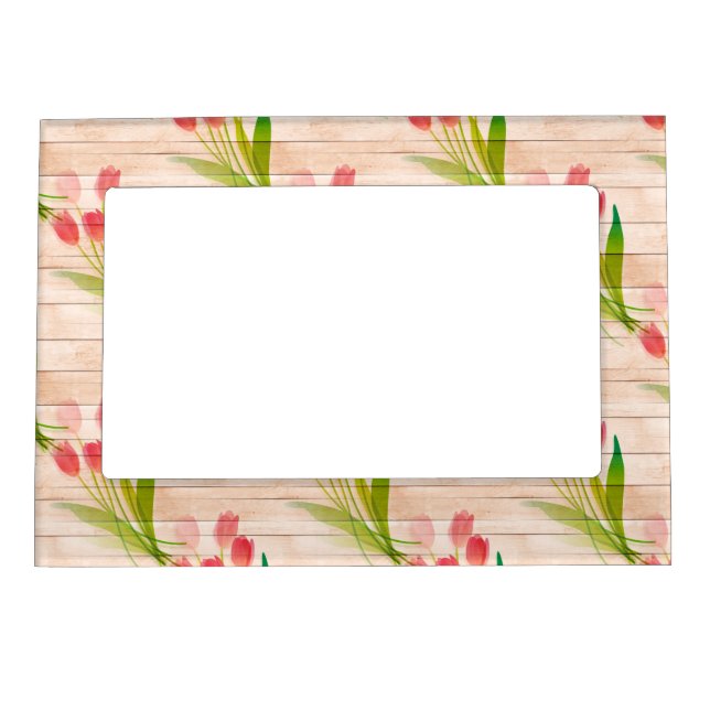 Red Tulips on Clean Wood Background Magnetic Frame (Front)