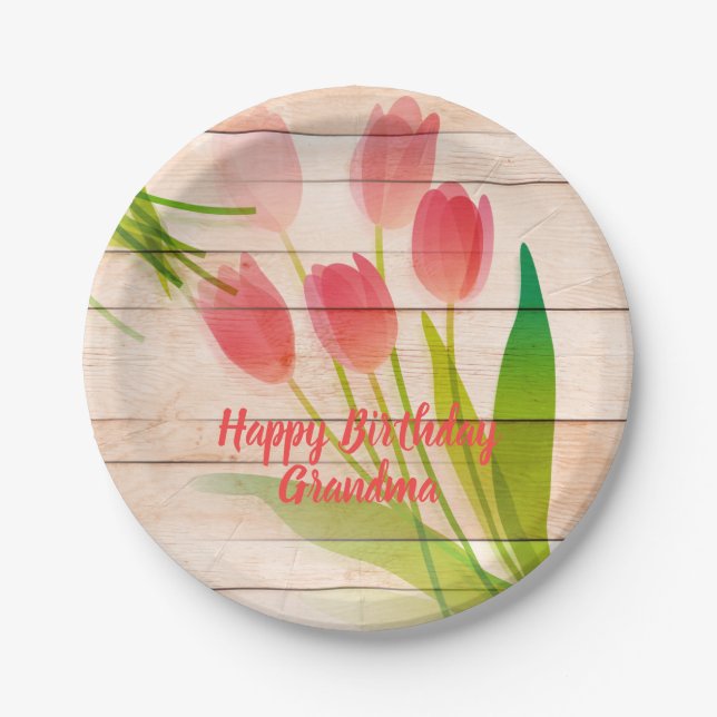 Red Tulips on Clean Wood Background Paper Plates (Front)