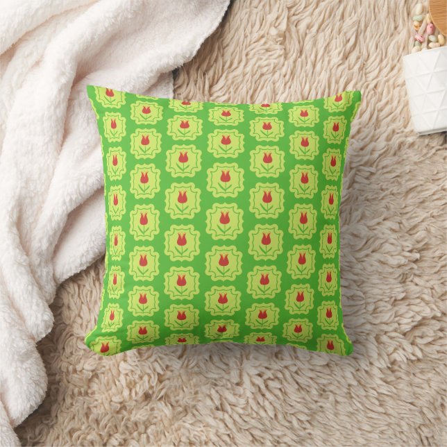 Red Tulips on Green - Retro Spring Floral Pattern Throw Pillow (Blanket)
