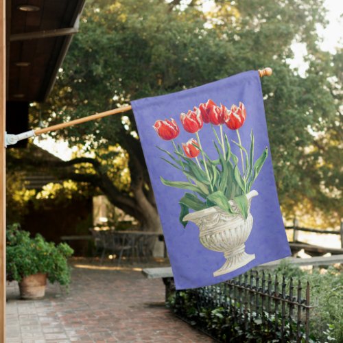 Red Tulips On Periwinkle House Flag No Pole 1 House Flag
