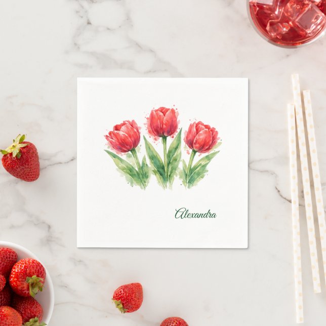 Red Tulips Paper Cup Napkins (Insitu)
