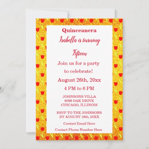 Red Tulips Quinceanera Gold Glitter 15th Birthday Invitation