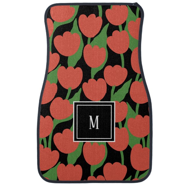 Red tulips retro, personalized monogram  car floor mat (Front)