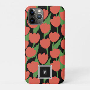 Red tulips retro, personalized monogram  iPhone 11 pro case