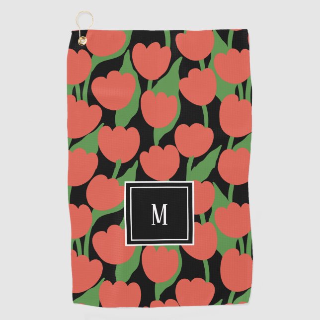 Red tulips retro, personalized monogram  golf towel (Front)