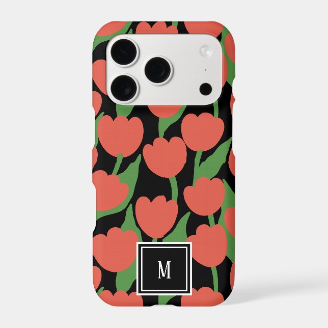 Red tulips retro, personalized monogram  iphone case (Back)