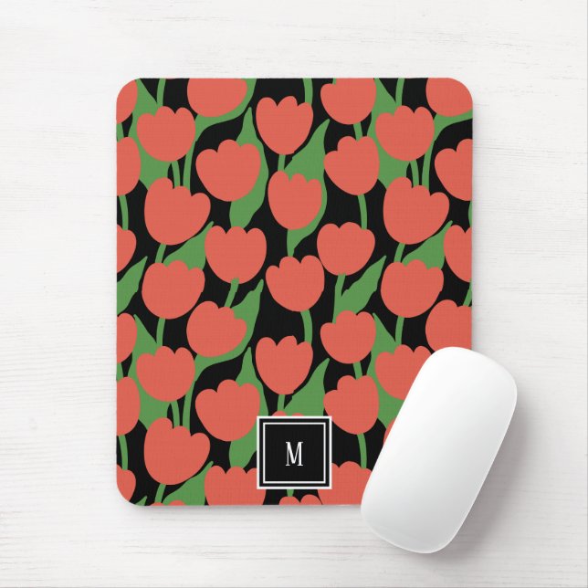 Red tulips retro, personalized monogram  mouse pad (With Mouse)