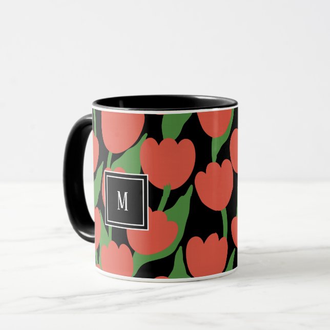 Red tulips retro, personalized monogram Mug (Front Left)