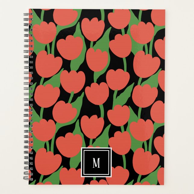 Red tulips retro, personalized monogram  planner (Front)