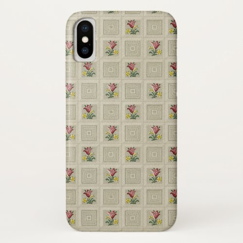 Red Tulips Retro Stone Tiled Squares Wallpaper iPhone X Case