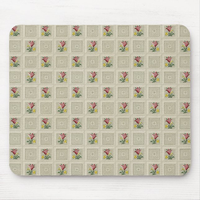 Red Tulips Retro Stone Tiled Squares Wallpaper Mouse Pad (Front)