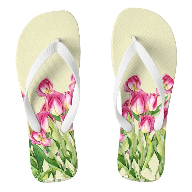 Red Tulips Watercolor Illustration Art  Flip Flops (Footbed)