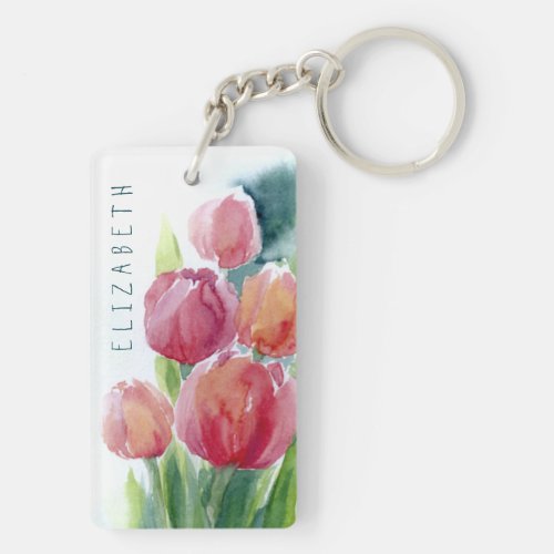 Red tulips watercolor spring blooms keychain