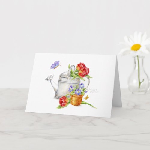 Red Tulips Watering Can Thank You Greeting card