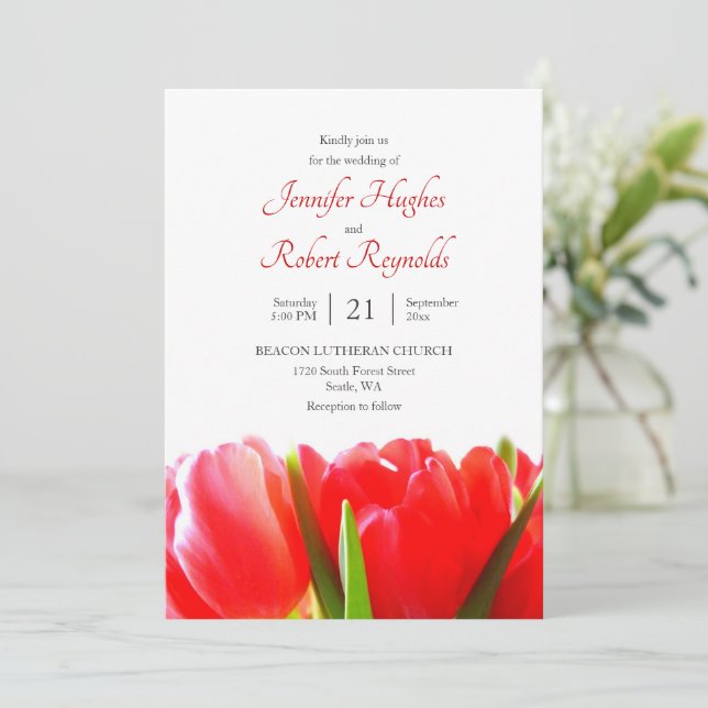 Red Tulips Wedding Invitation (Standing Front)