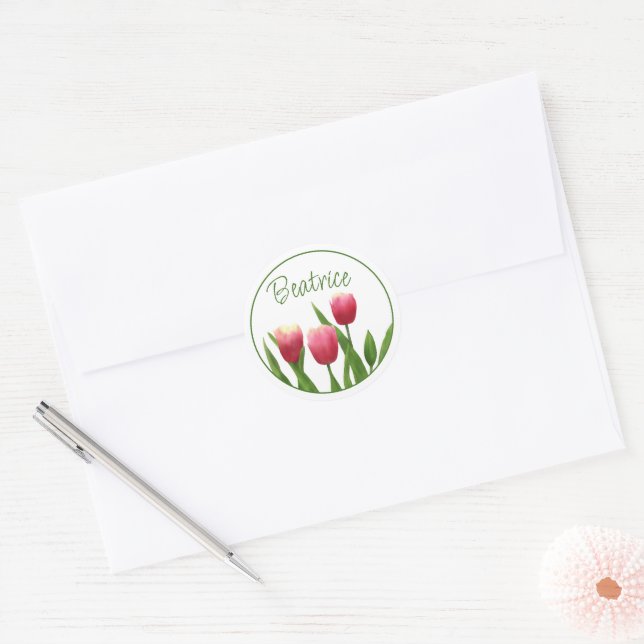 Red Tulips with Greenery Classic Round Sticker (Envelope)