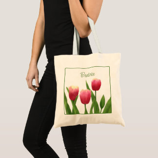 Red Tulips with Greenery Tote Bag