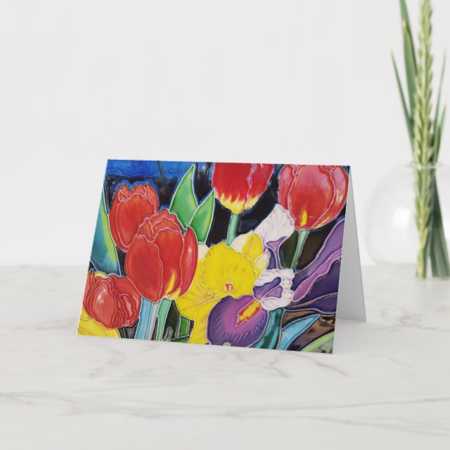 Red Tulips, Yellow Daffodil and Purple Iris Thank You Card (Front)