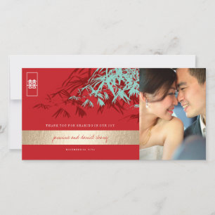 Red Turquoise Bamboo Leaves Chinese Wedding Photo Thank You Card