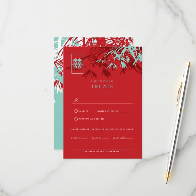 Red & Turquoise Bamboo Leaves Chinese Wedding RSVP (Front/Back In Situ)