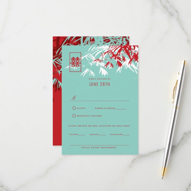Red & Turquoise Bamboo Leaves Chinese Wedding RSVP Card (Front/Back In Situ)