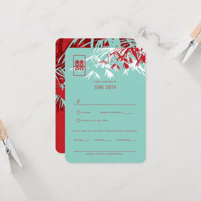 Red & Turquoise Bamboo Leaves Chinese Wedding RSVP Invitation (Front/Back In Situ)