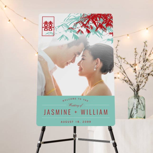 Red Turquoise Bamboo Leaves Photo Chinese Wedding  Foam Board (In Situ (Stand))