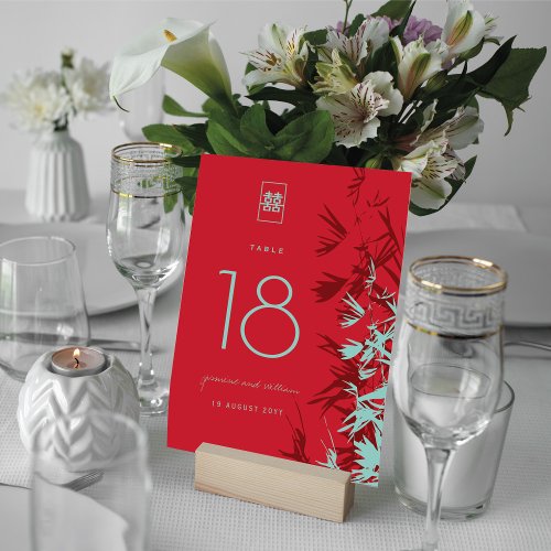 Red  Turquoise Bamboo Leaves Shuang Xi Wedding Table Number
