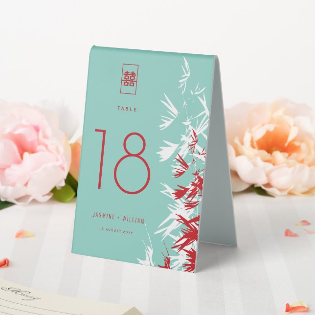 Red & Turquoise Bamboo Leaves Shuang Xi Wedding Table Tent (In SItu (Wedding))