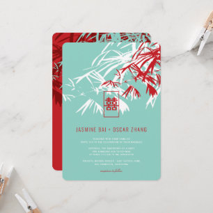 Red & Turquoise Bamboo Leaves Zen Chinese Wedding Invitation