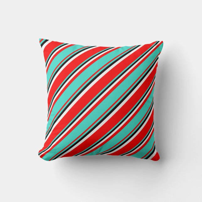 Red, Turquoise, Black & White Colored Pattern Throw Pillow (Front)