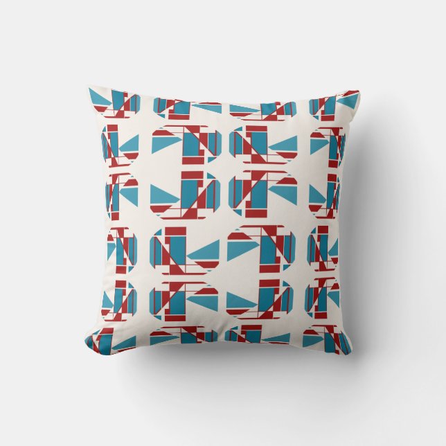 Red Turquoise Blue Boxes in Rows Geometric Design Throw Pillow (Front)