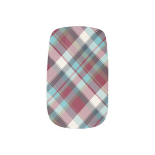 Red, Turquoise, Blue, White Plaid Minx Nail Art
