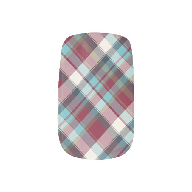 Red, Turquoise, Blue, White Plaid Minx Nail Art (Right Thumb)