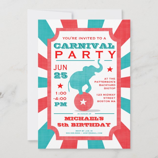 Red | Turquoise Carnival Party Big Top Birthday Invitation (Front)
