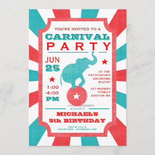 Red Turquoise Carnival Party Big Top Birthday Invitation