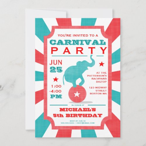 Red  Turquoise Carnival Party Big Top Birthday Invitation