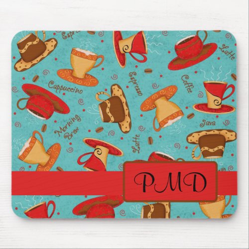 Red Turquoise Coffee Cups Pattern Monogram Mouse Pad