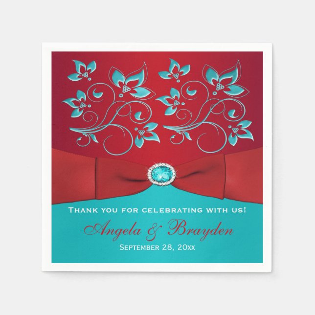 Red, Turquoise Floral Paper Napkins (Front)