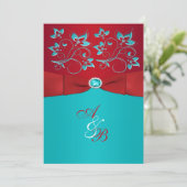 Red Turquoise Floral PRINTED Ribbon Wedding Invite (Standing Front)